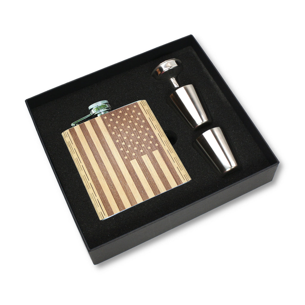 6 oz Wooden Hip Flask  American Flag