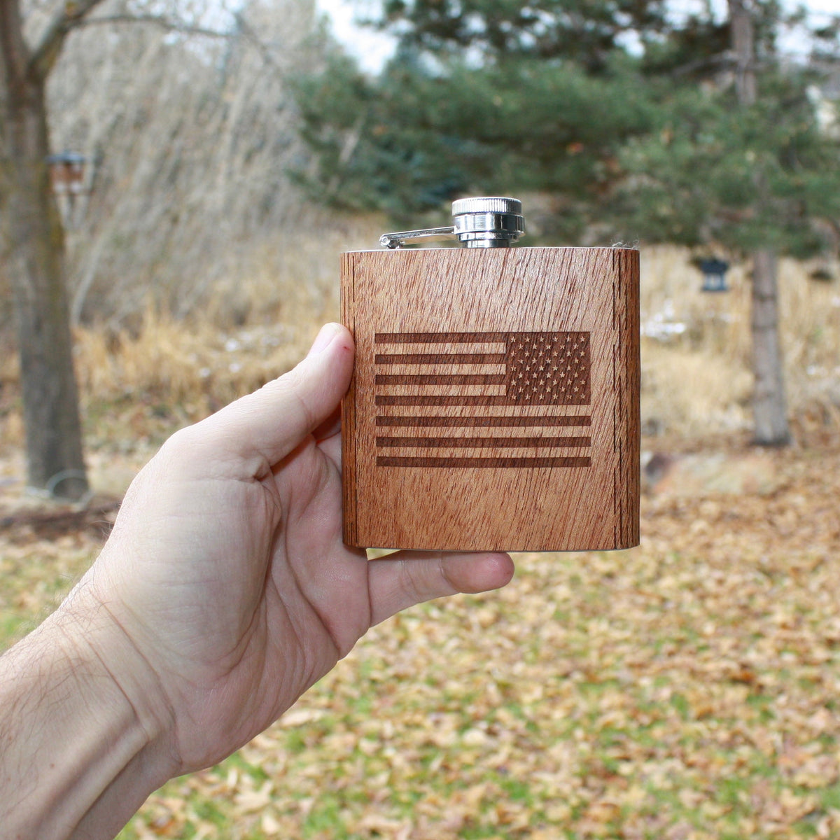 6 oz Wooden Hip Flask  American Flag