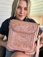 The Kimberly| Hand-Tooled Leather Messenger Bag