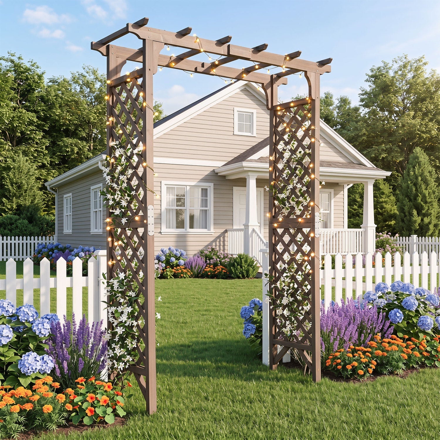 Garden Arch with Gate 85" Tall Wood for Climbing Plants