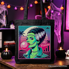 Vaperwave Mrs Frankenstein Retro Neon Horror Tote Bag, Synthwave 80's Styled Classic Halloween Gift Shopper
