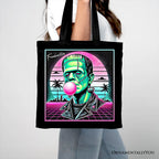 Vaperwave Frankenstein Retro Neon Horror Canvas Tote Bag, Synthwave 80's Styled Classic Halloween Gift