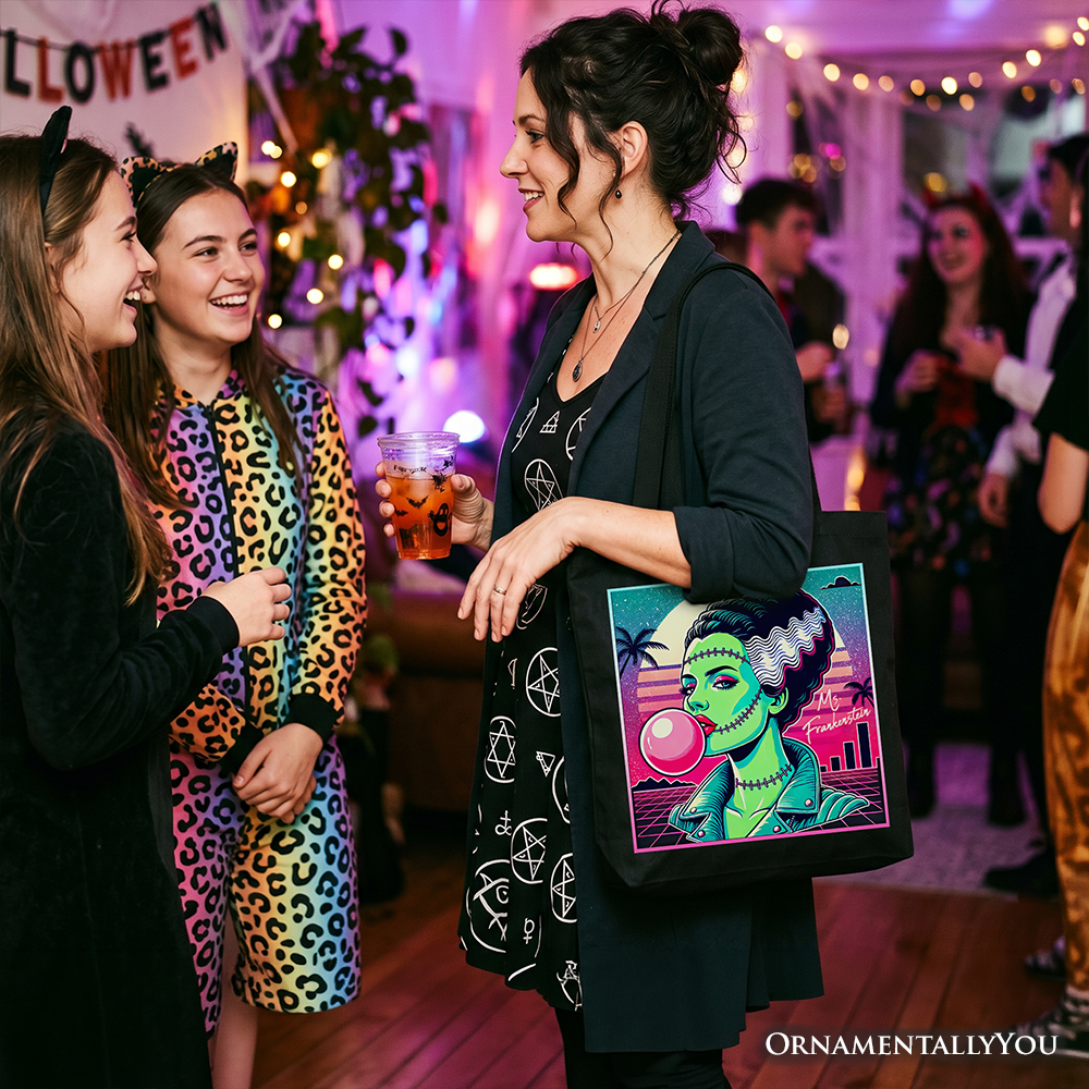 Vaperwave Mrs Frankenstein Retro Neon Horror Tote Bag, Synthwave 80's Styled Classic Halloween Gift Shopper