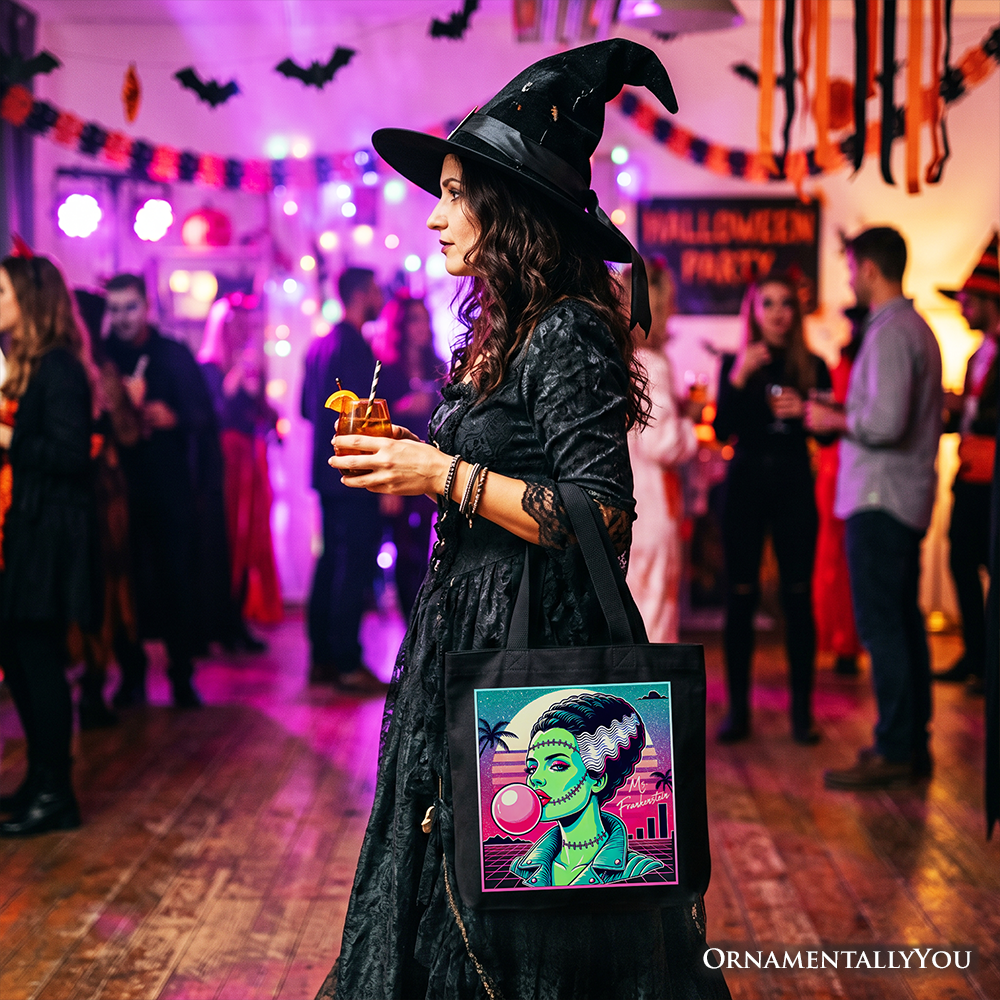 Vaperwave Mrs Frankenstein Retro Neon Horror Tote Bag, Synthwave 80's Styled Classic Halloween Gift Shopper