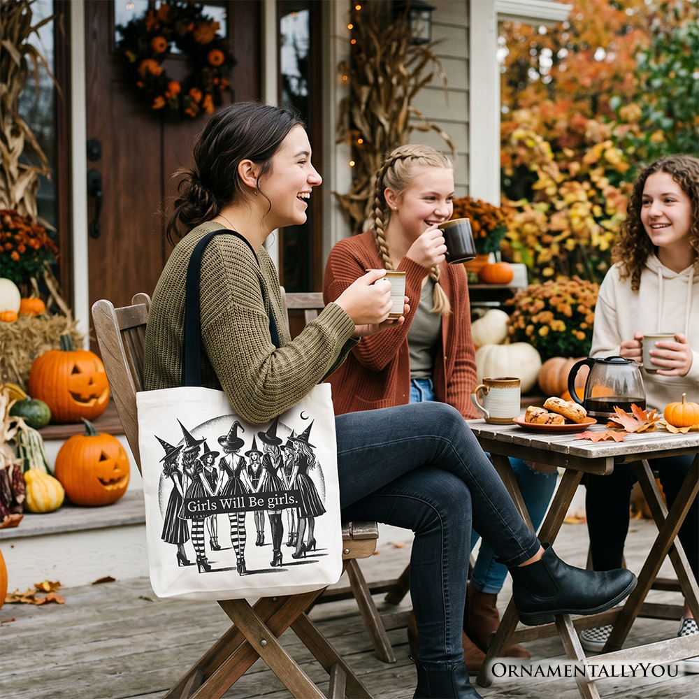 Girls Will Be Girls Tote Bag, Witchy Halloween Gift Shopper for Empowered Women