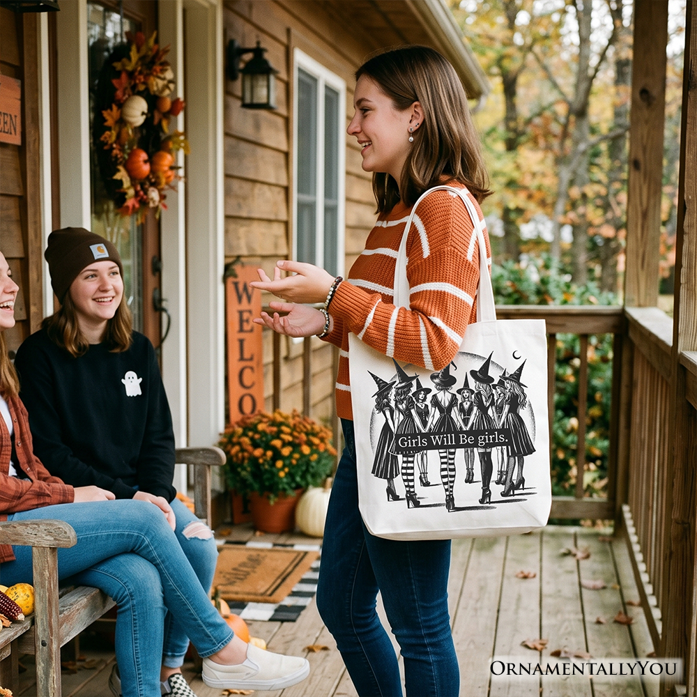 Girls Will Be Girls Tote Bag, Witchy Halloween Gift Shopper for Empowered Women