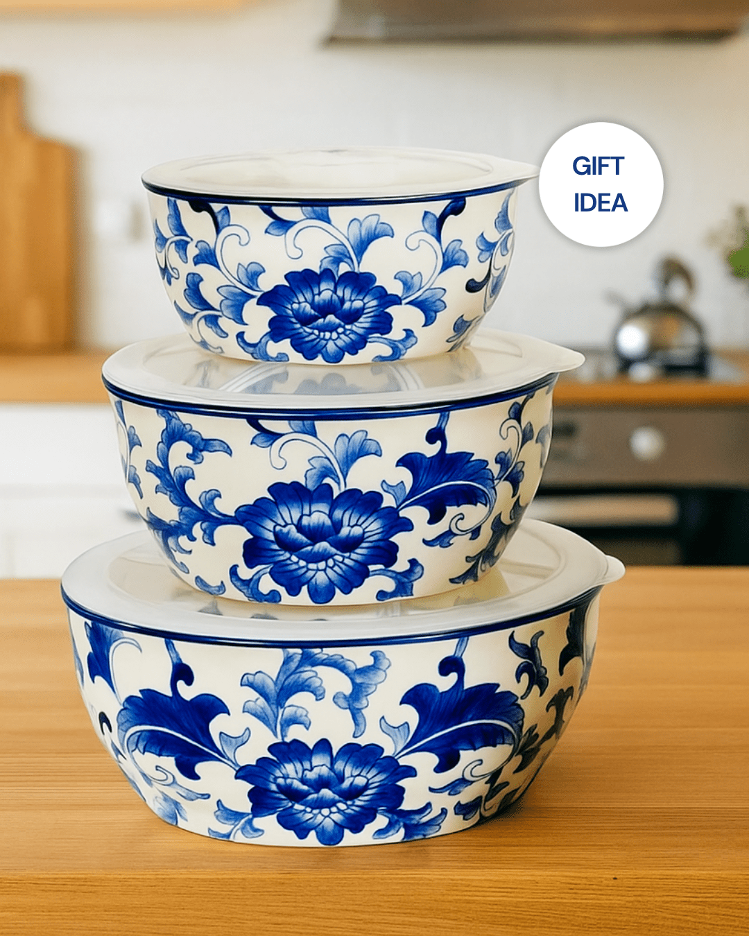 Blue Garden Chinoiserie “Hold Everything” 3 - Piece Round Stoneware Storage Bowls Set - Che Cose Belle