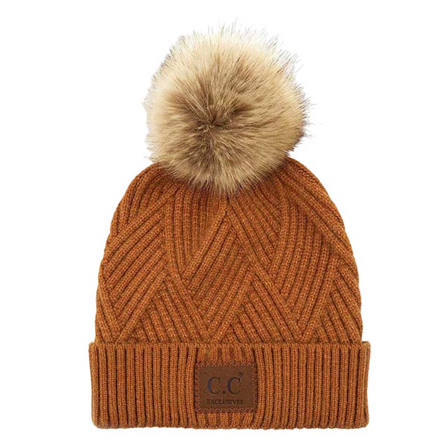 C.C Women's Heather Beanie Hat With Pom And Suede Patch