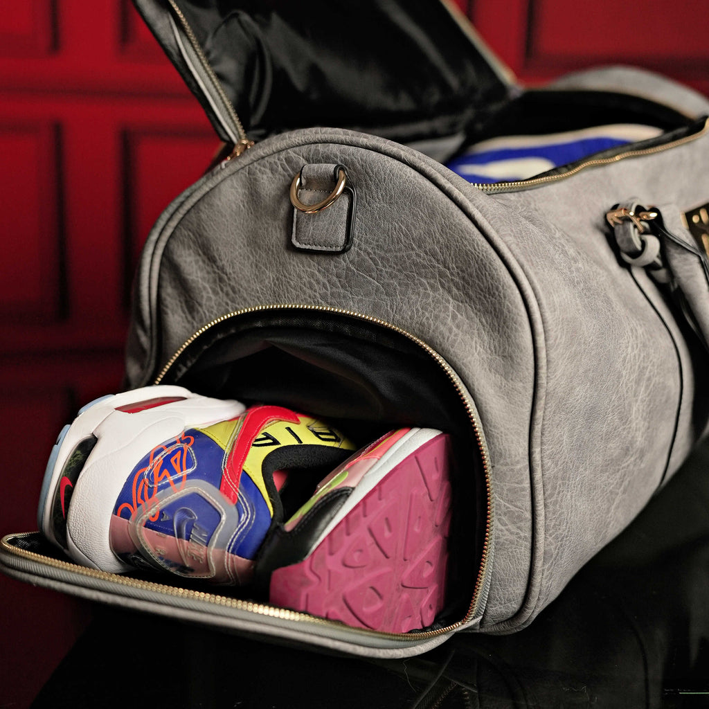 Grey Tumbled Leather Weekender Duffle Bag