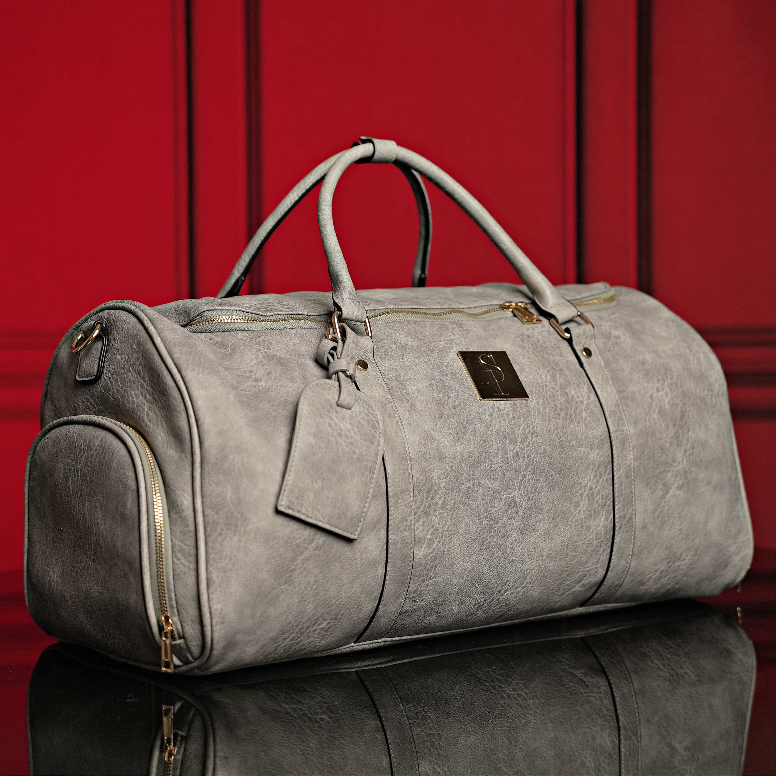 Grey Tumbled Leather Weekender Duffle Bag