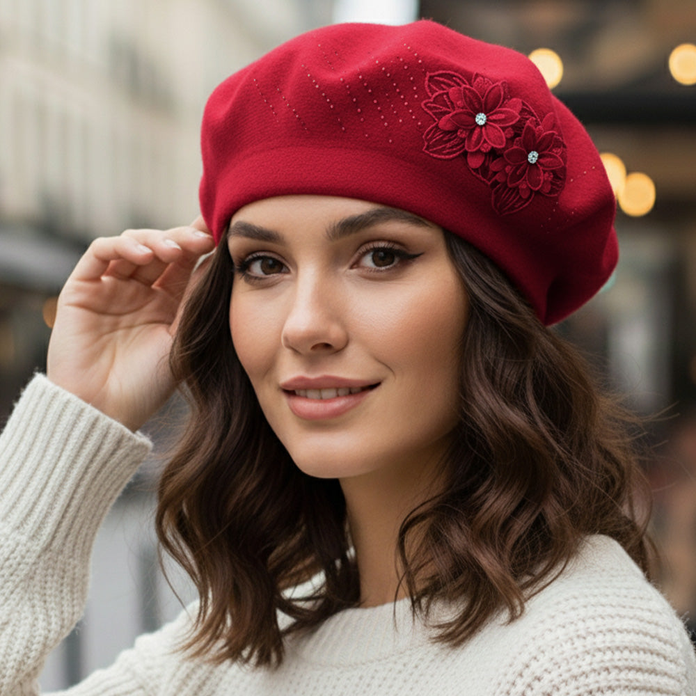 Women's Floral Applique Accent Winter Beret Hat