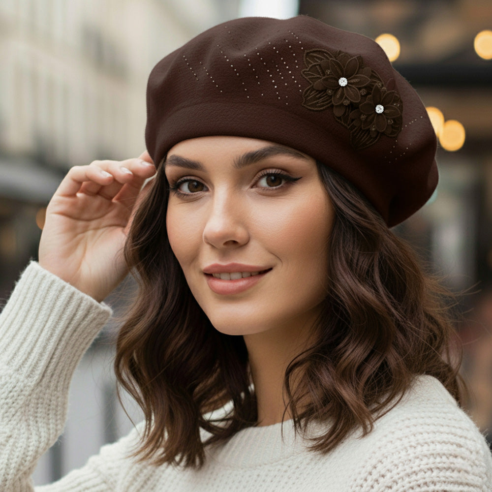 Women's Floral Applique Accent Winter Beret Hat