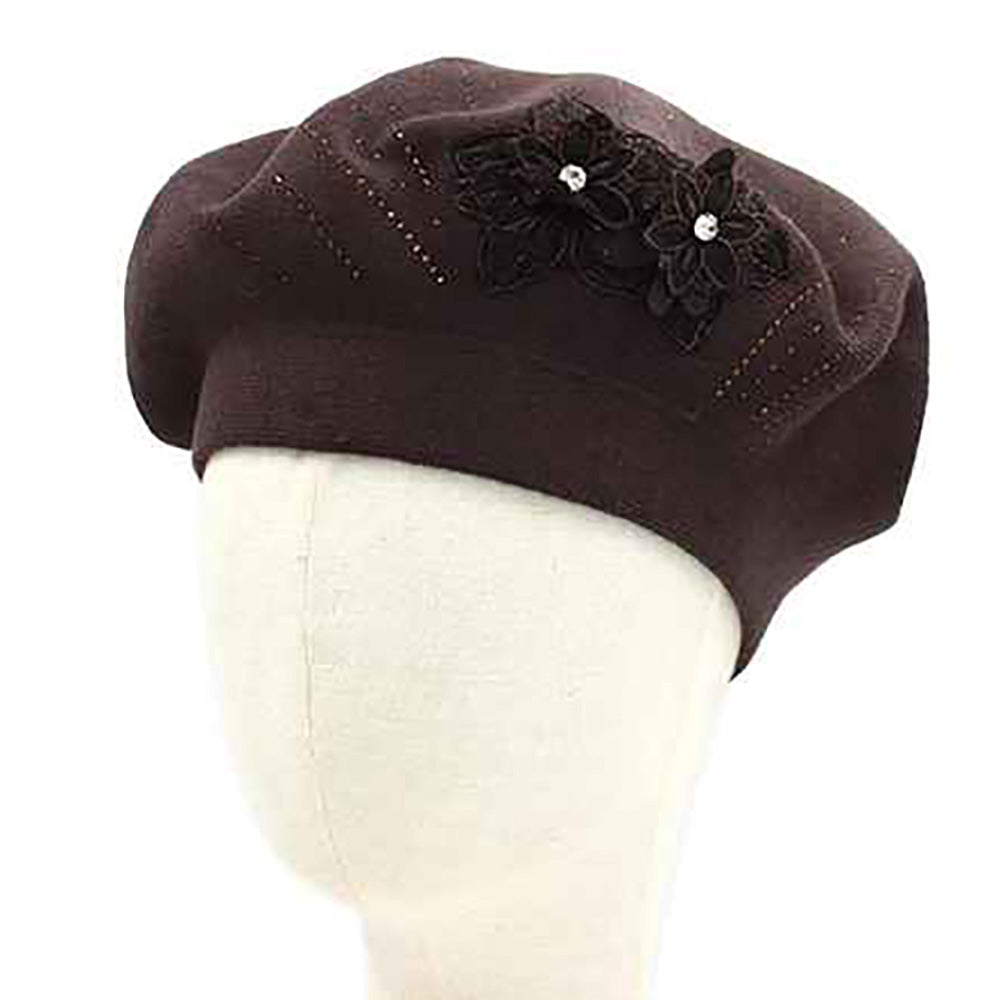 Women's Floral Applique Accent Winter Beret Hat