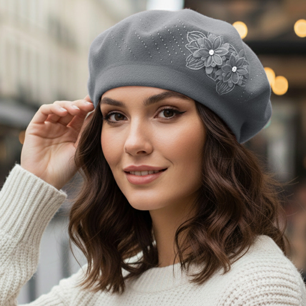Women's Floral Applique Accent Winter Beret Hat