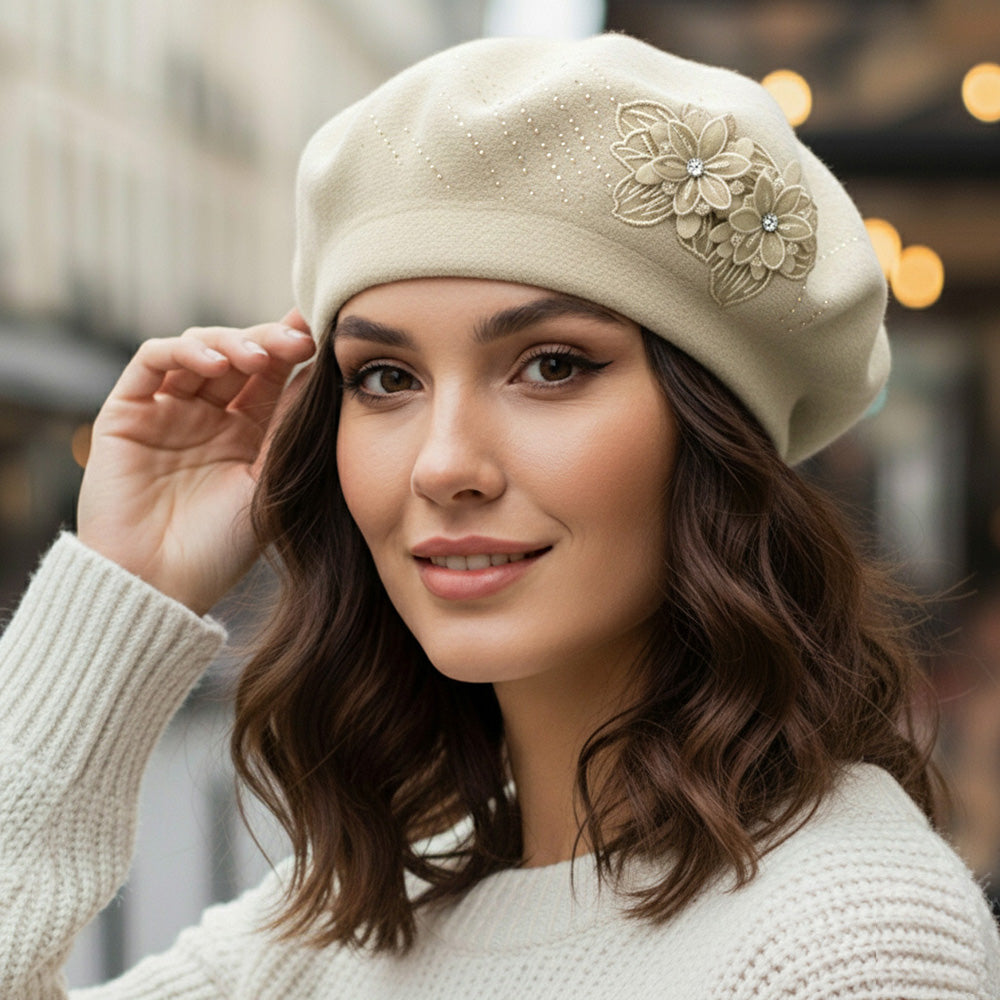 Women's Floral Applique Accent Winter Beret Hat