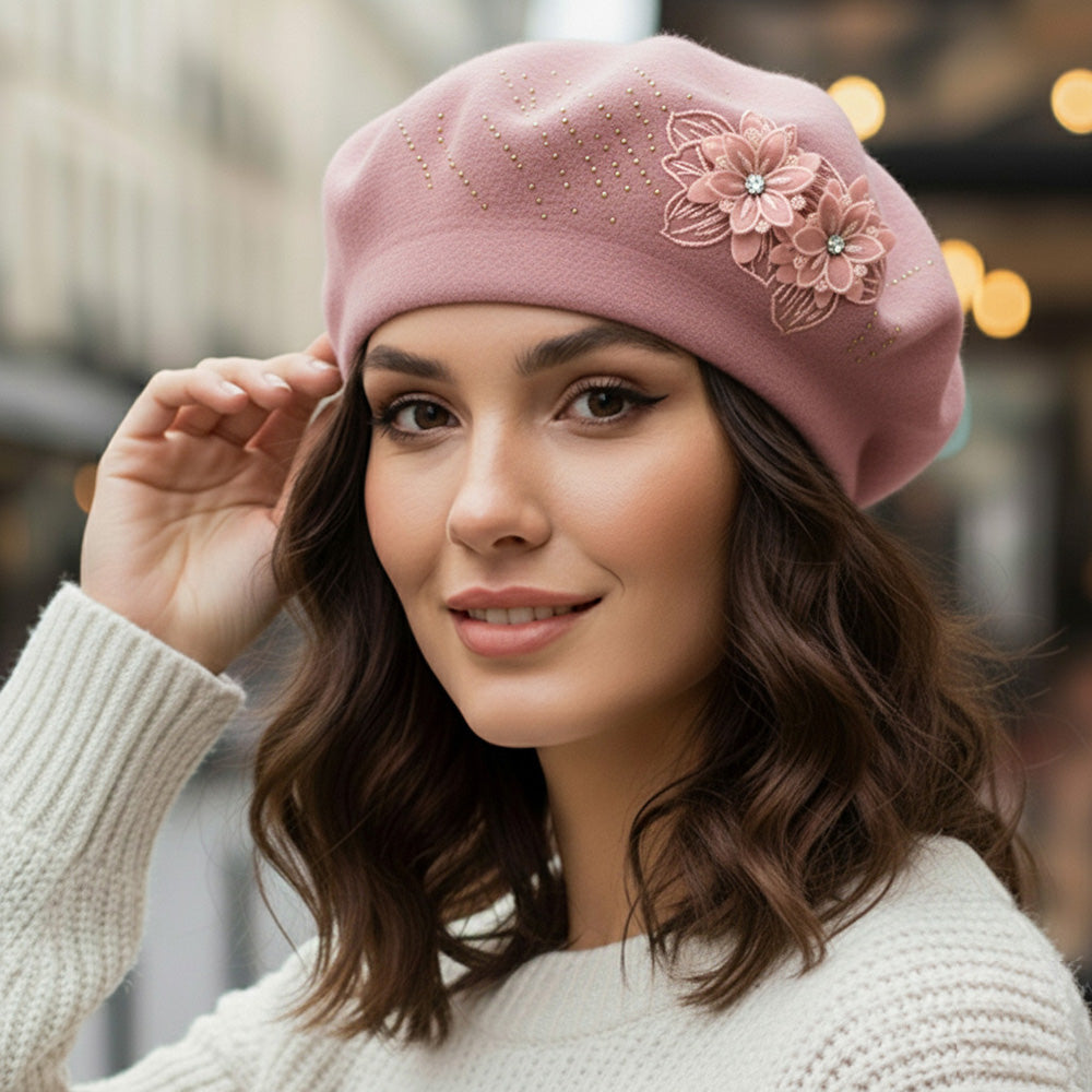 Women's Floral Applique Accent Winter Beret Hat