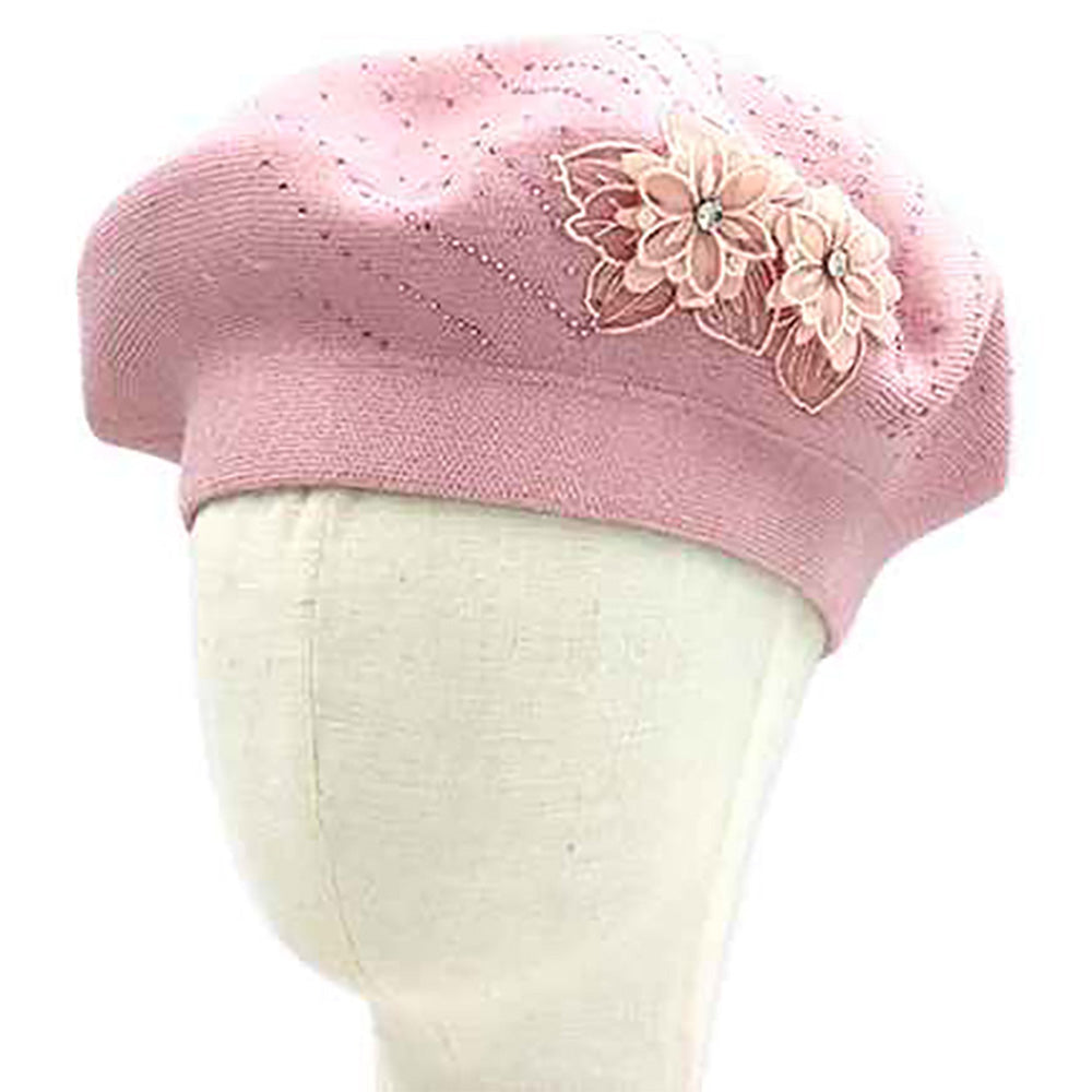 Women's Floral Applique Accent Winter Beret Hat