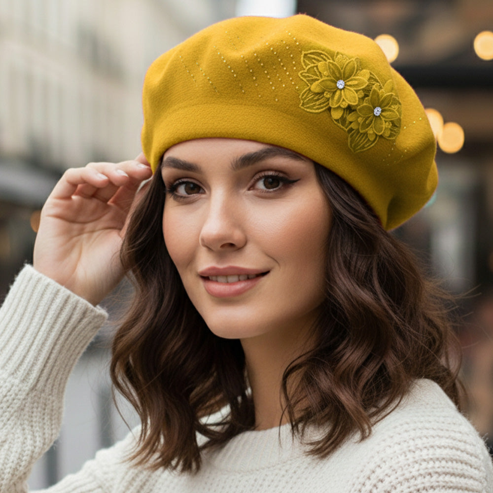 Women's Floral Applique Accent Winter Beret Hat