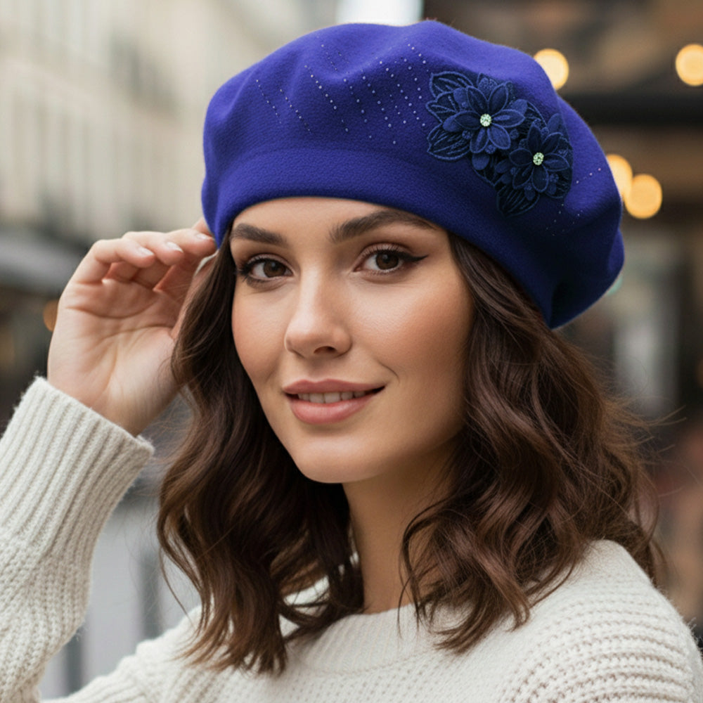 Women's Floral Applique Accent Winter Beret Hat