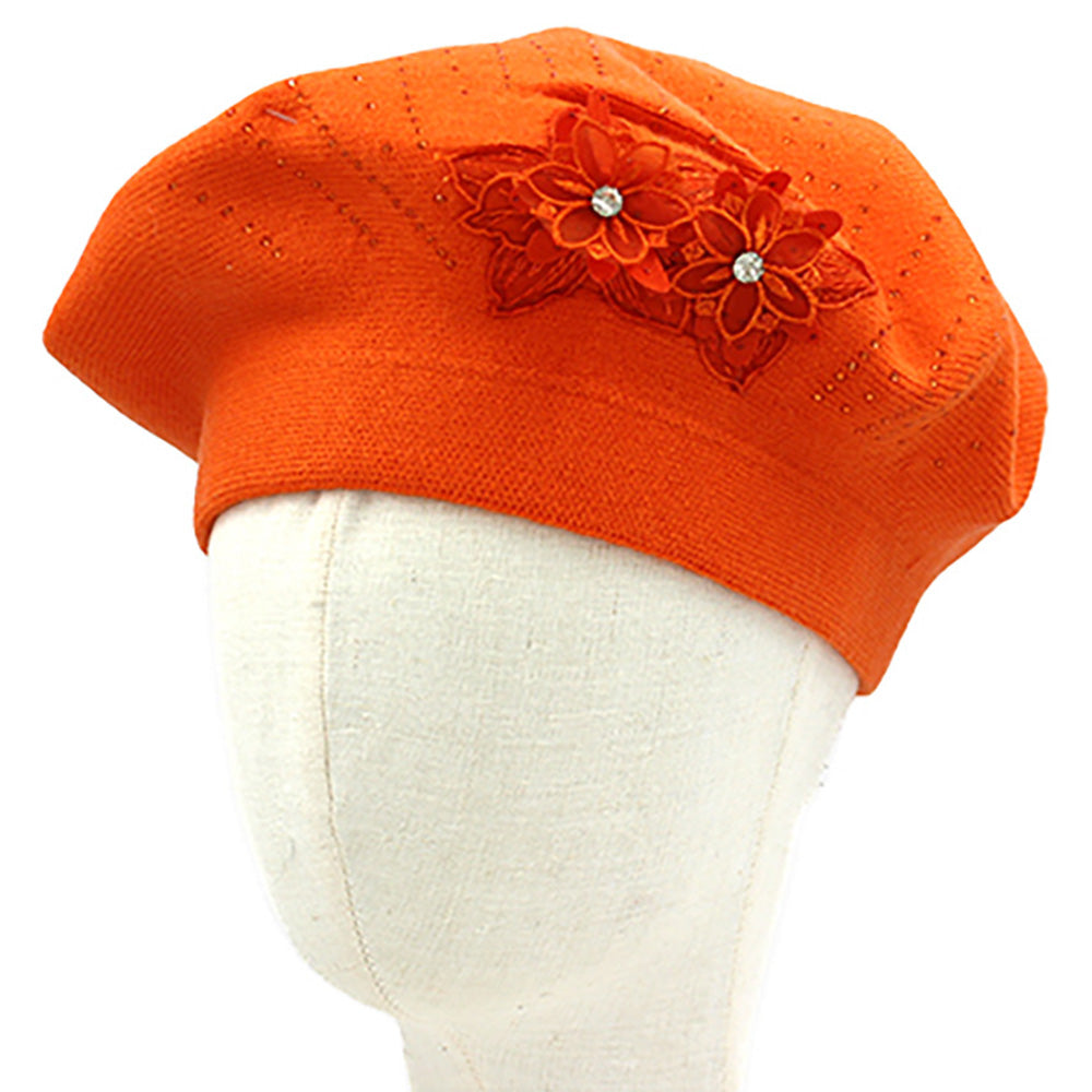 Women's Floral Applique Accent Winter Beret Hat