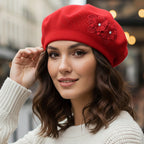 Women's Floral Applique Accent Winter Beret Hat