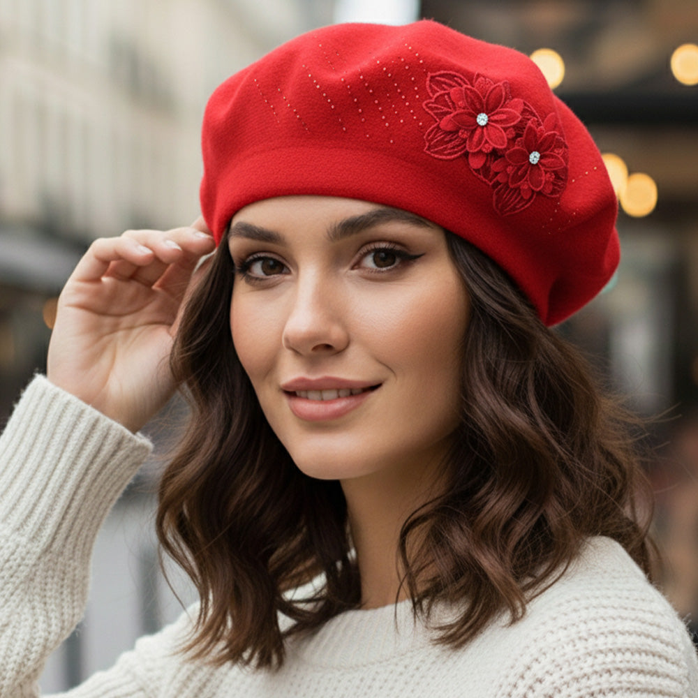 Women's Floral Applique Accent Winter Beret Hat