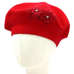 Women's Floral Applique Accent Winter Beret Hat