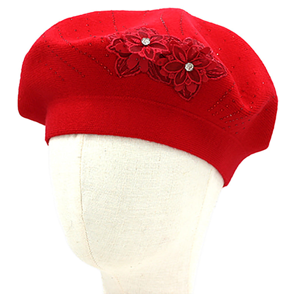 Women's Floral Applique Accent Winter Beret Hat