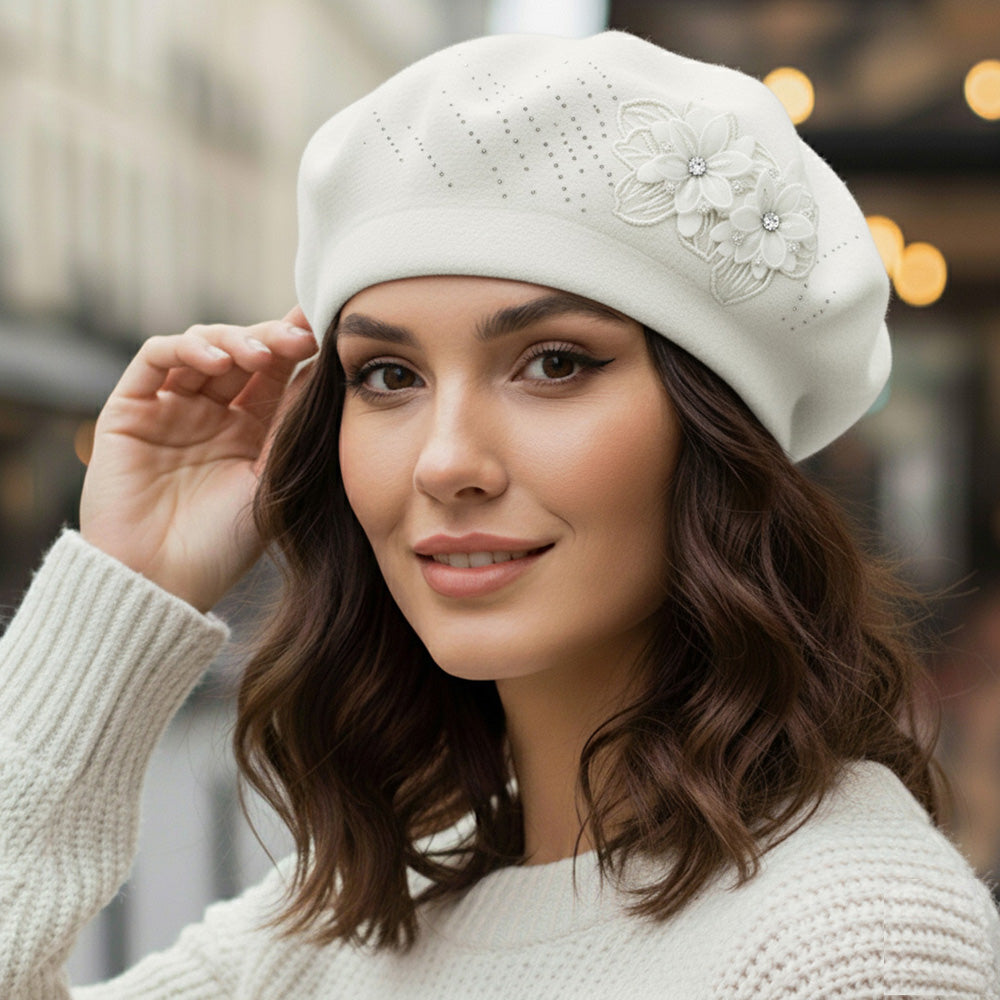 Women's Floral Applique Accent Winter Beret Hat