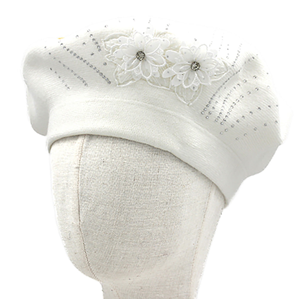 Women's Floral Applique Accent Winter Beret Hat