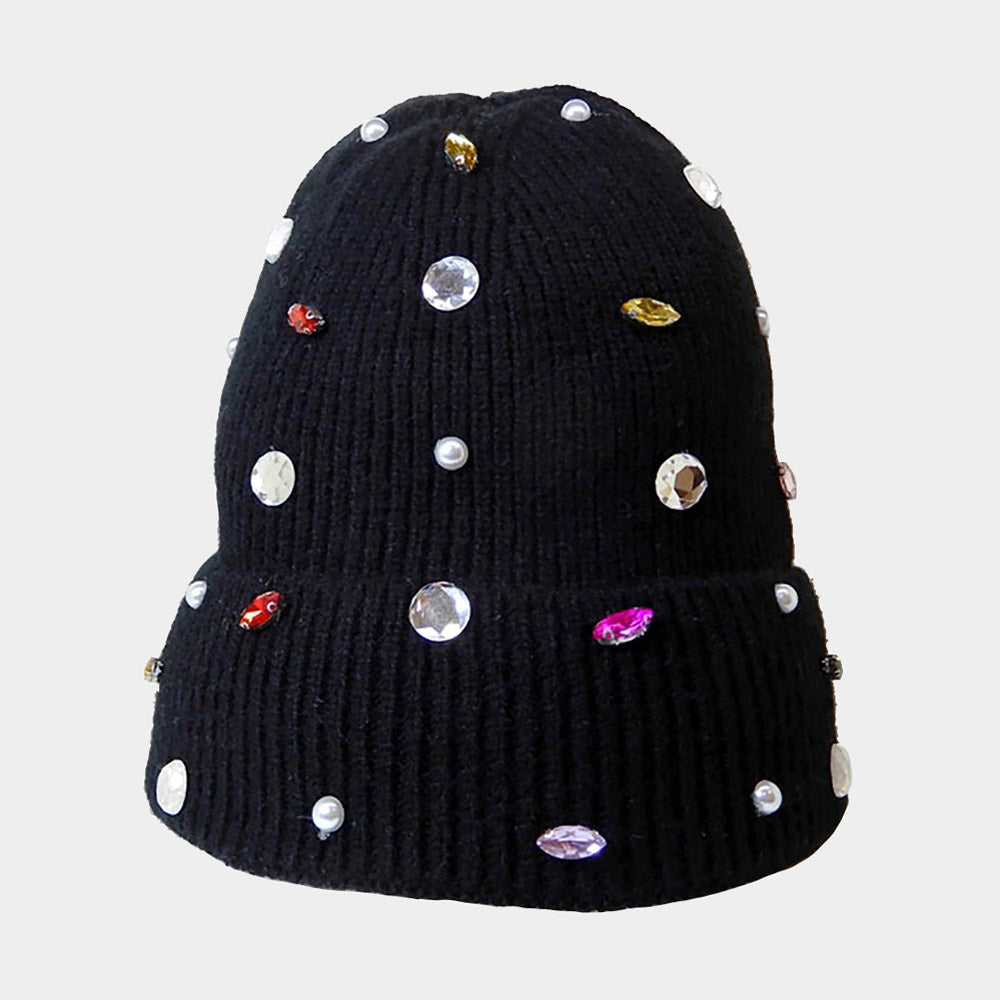 Women's Pearl Jewel Embellished Fleece Lining Knit Beanie Hat