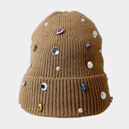 Women's Pearl Jewel Embellished Fleece Lining Knit Beanie Hat