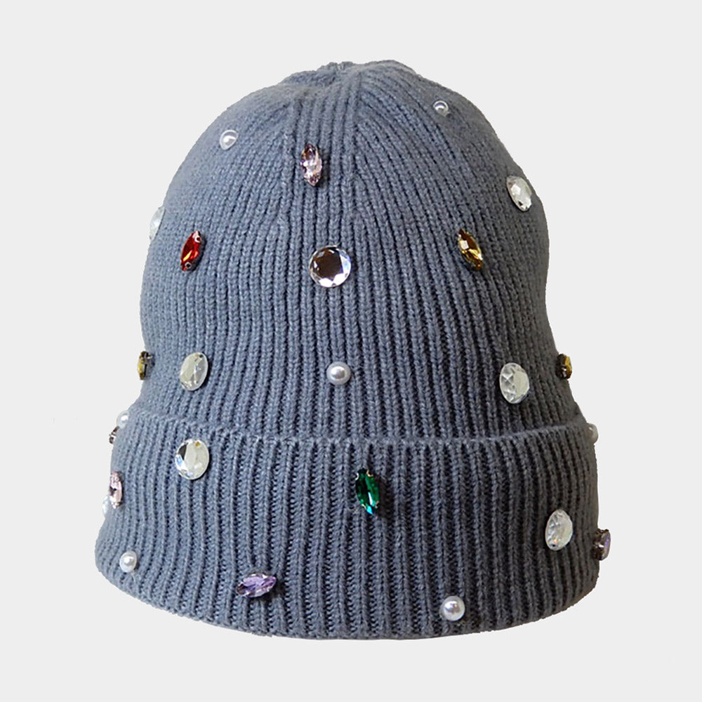Women's Pearl Jewel Embellished Fleece Lining Knit Beanie Hat