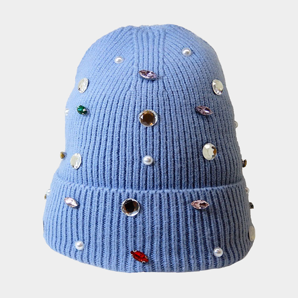 Women's Pearl Jewel Embellished Fleece Lining Knit Beanie Hat