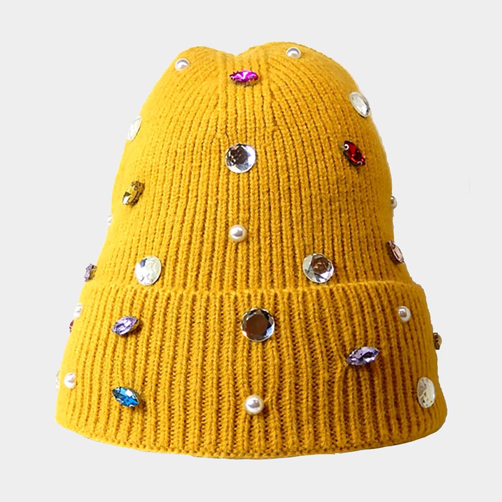 Women's Pearl Jewel Embellished Fleece Lining Knit Beanie Hat