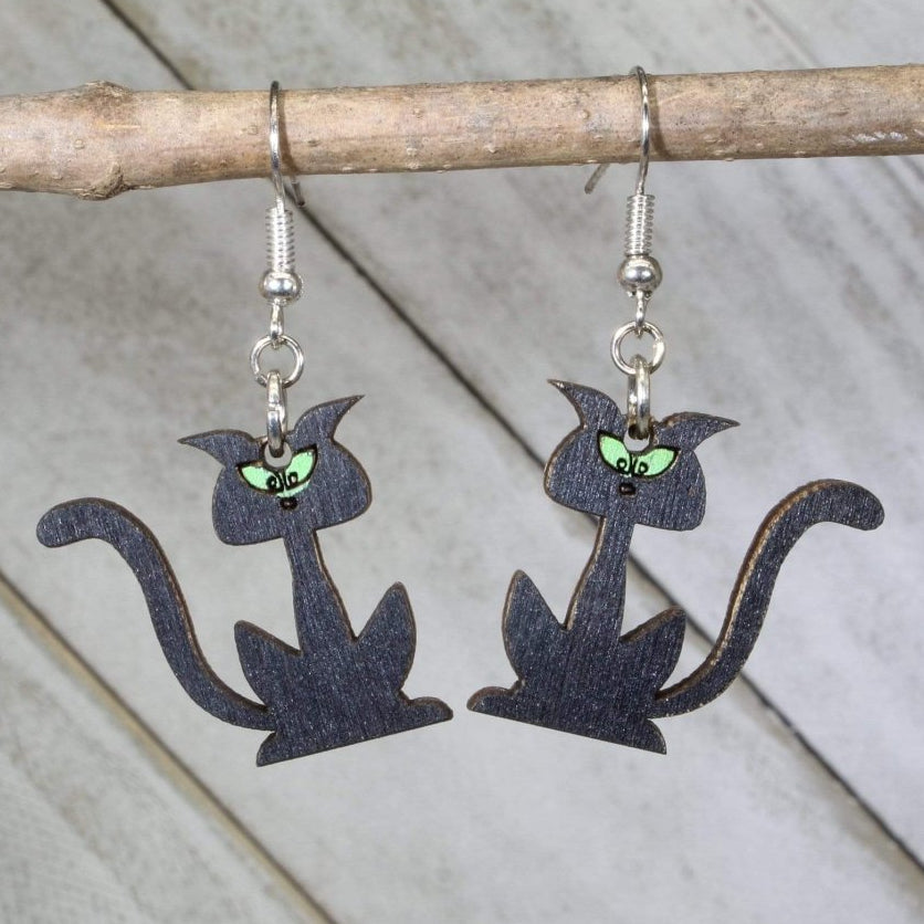 Halloween Black Cat Silhouette Wooden Dangle Earrings | Spooky Jewelry