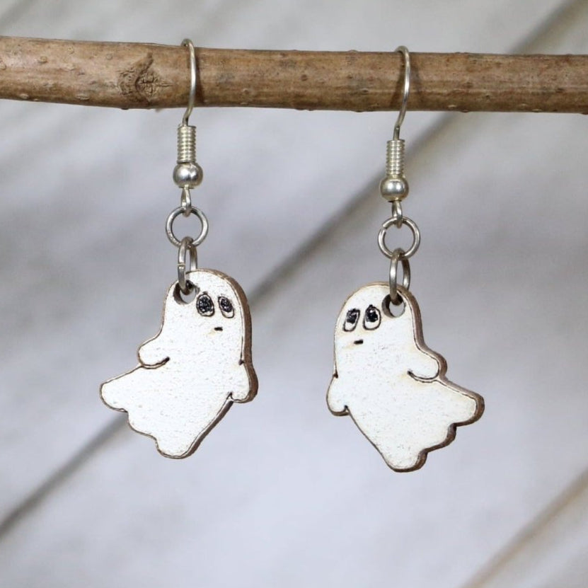 Halloween Ghost Wooden Dangle Earrings | Spooky Jewelry