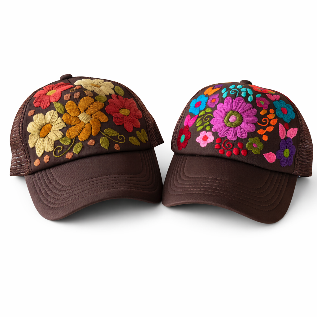 Tulum Hand Embroidered Trucker Flower Hat - Mexico