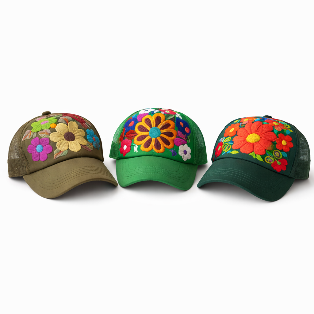 Tulum Hand Embroidered Trucker Flower Hat - Mexico