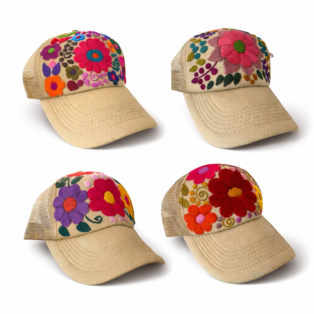 Tulum Hand Embroidered Trucker Flower Hat - Mexico