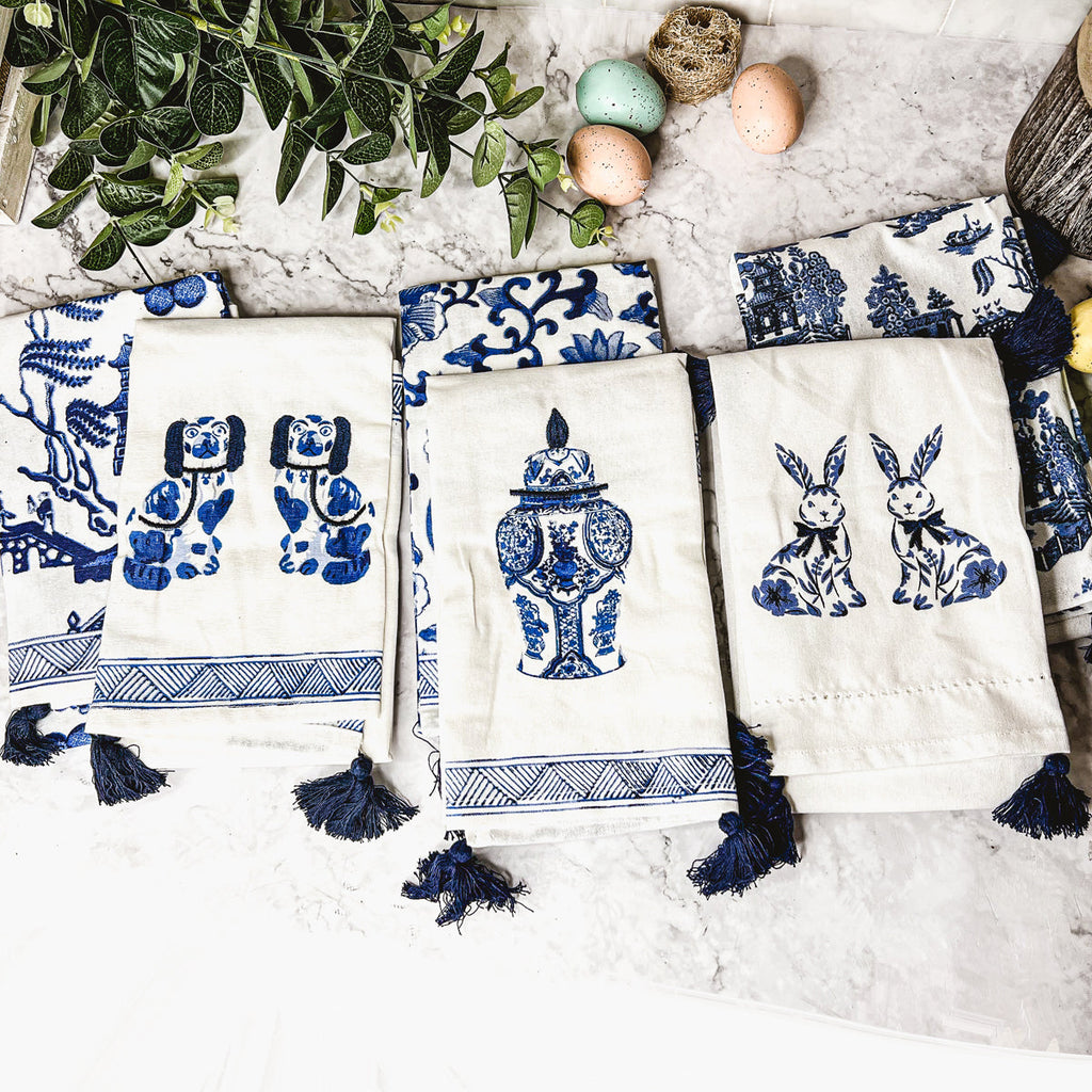 Chinoiserie Tea Towels 100% Cotton Oversized Embroidered Dish Towels Tassels