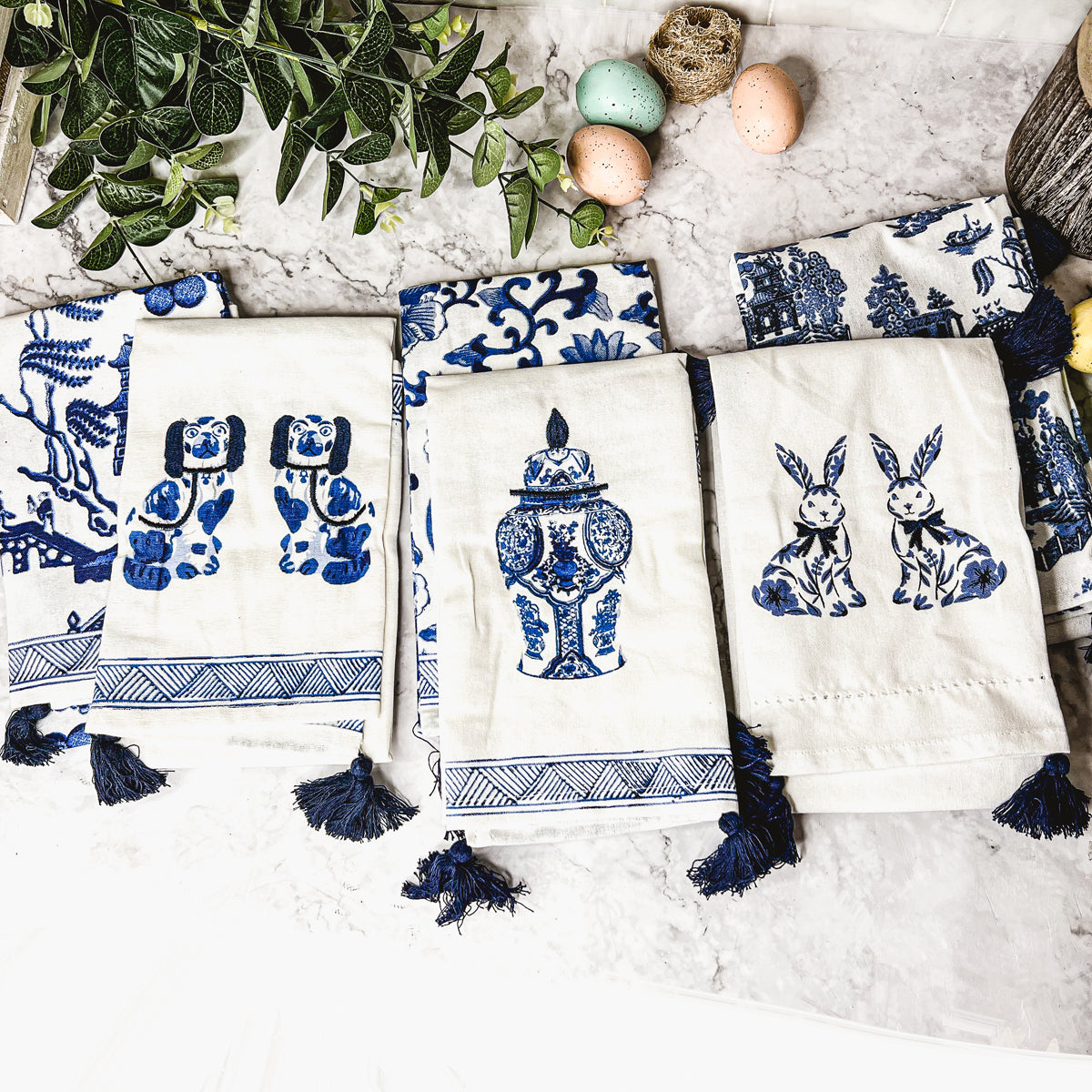 Chinoiserie Tea Towels 100% Cotton Oversized Embroidered Dish Towels Tassels