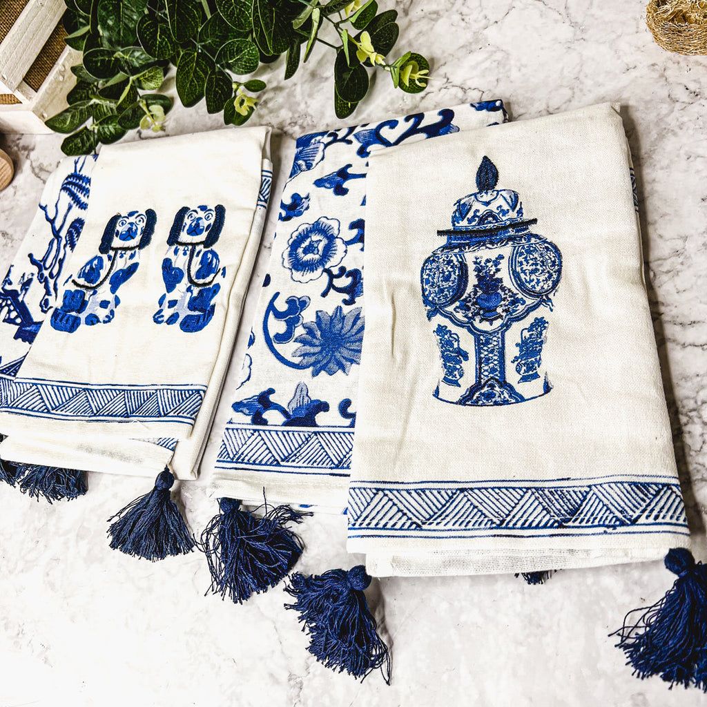 Chinoiserie Tea Towels 100% Cotton Oversized Embroidered Dish Towels Tassels