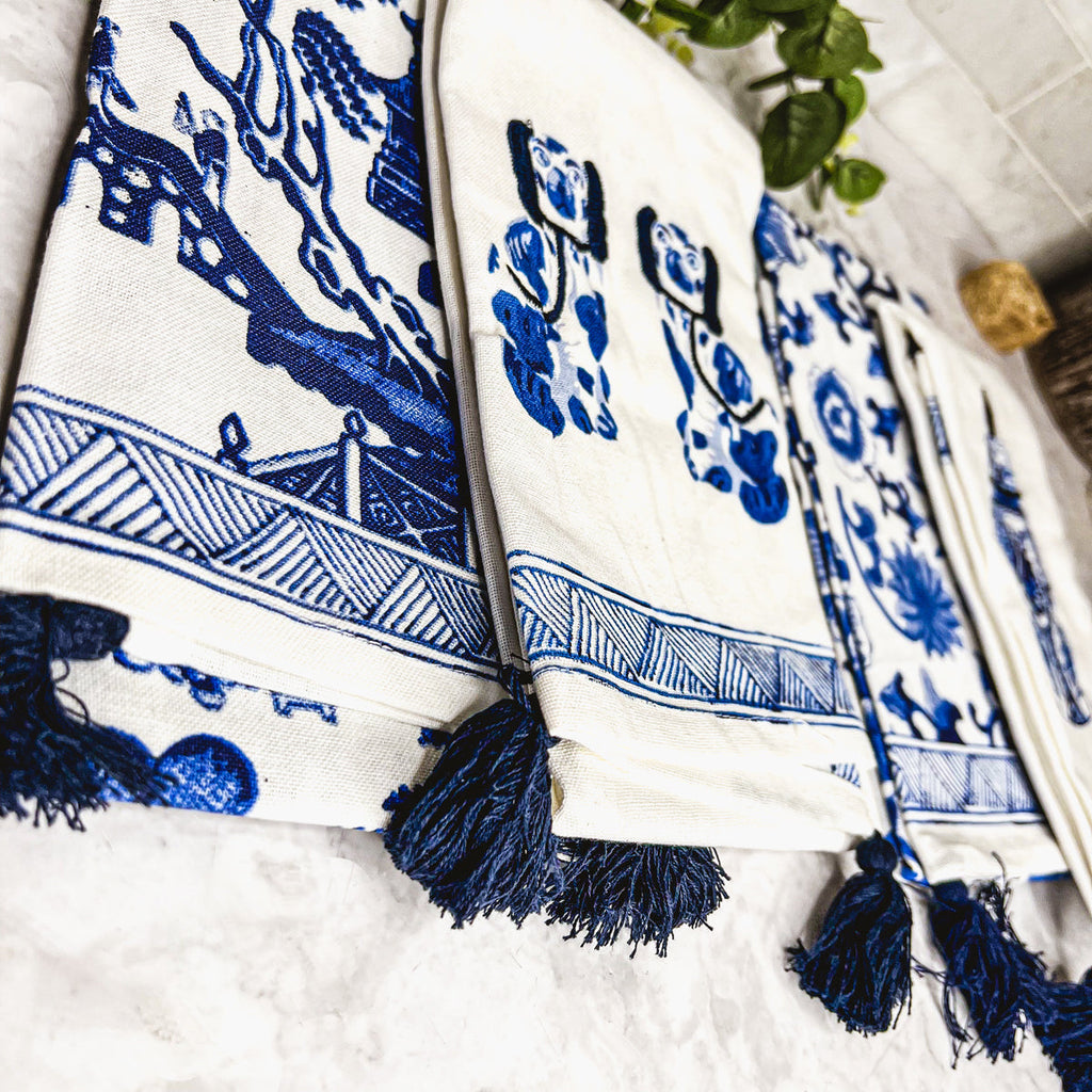 Chinoiserie Tea Towels 100% Cotton Oversized Embroidered Dish Towels Tassels
