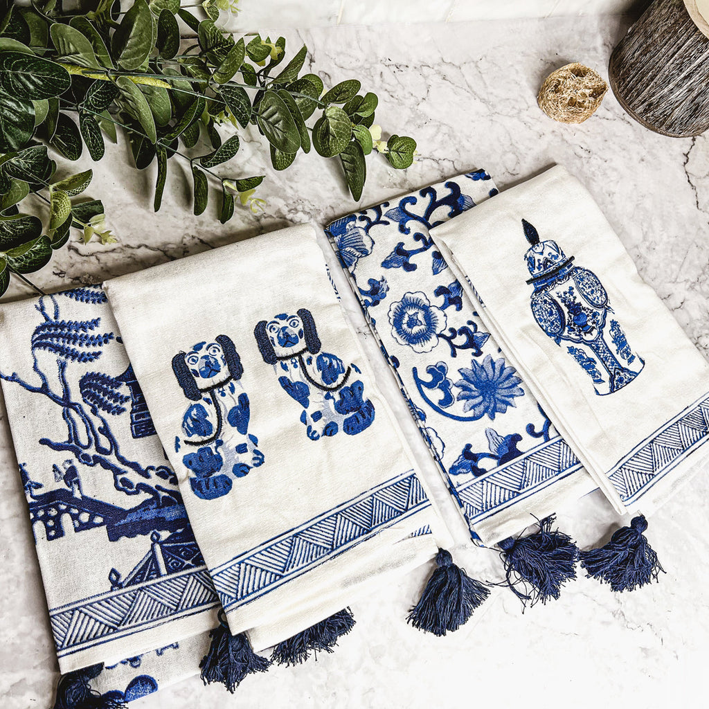 Chinoiserie Tea Towels 100% Cotton Oversized Embroidered Dish Towels Tassels