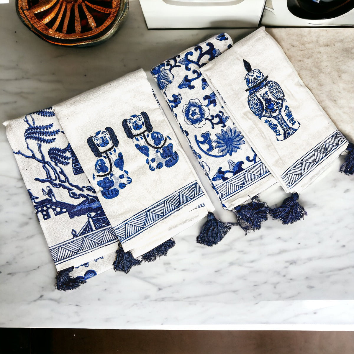 Chinoiserie Tea Towels 100% Cotton Oversized Embroidered Dish Towels Tassels