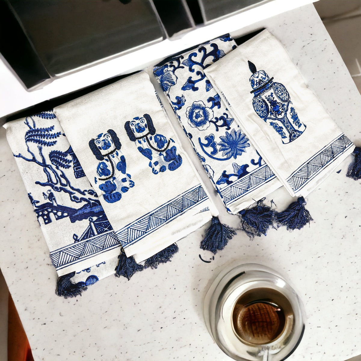 Chinoiserie Tea Towels 100% Cotton Oversized Embroidered Dish Towels Tassels