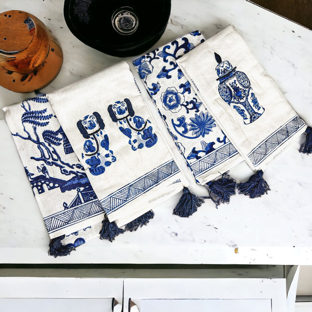 Chinoiserie Tea Towels 100% Cotton Oversized Embroidered Dish Towels Tassels