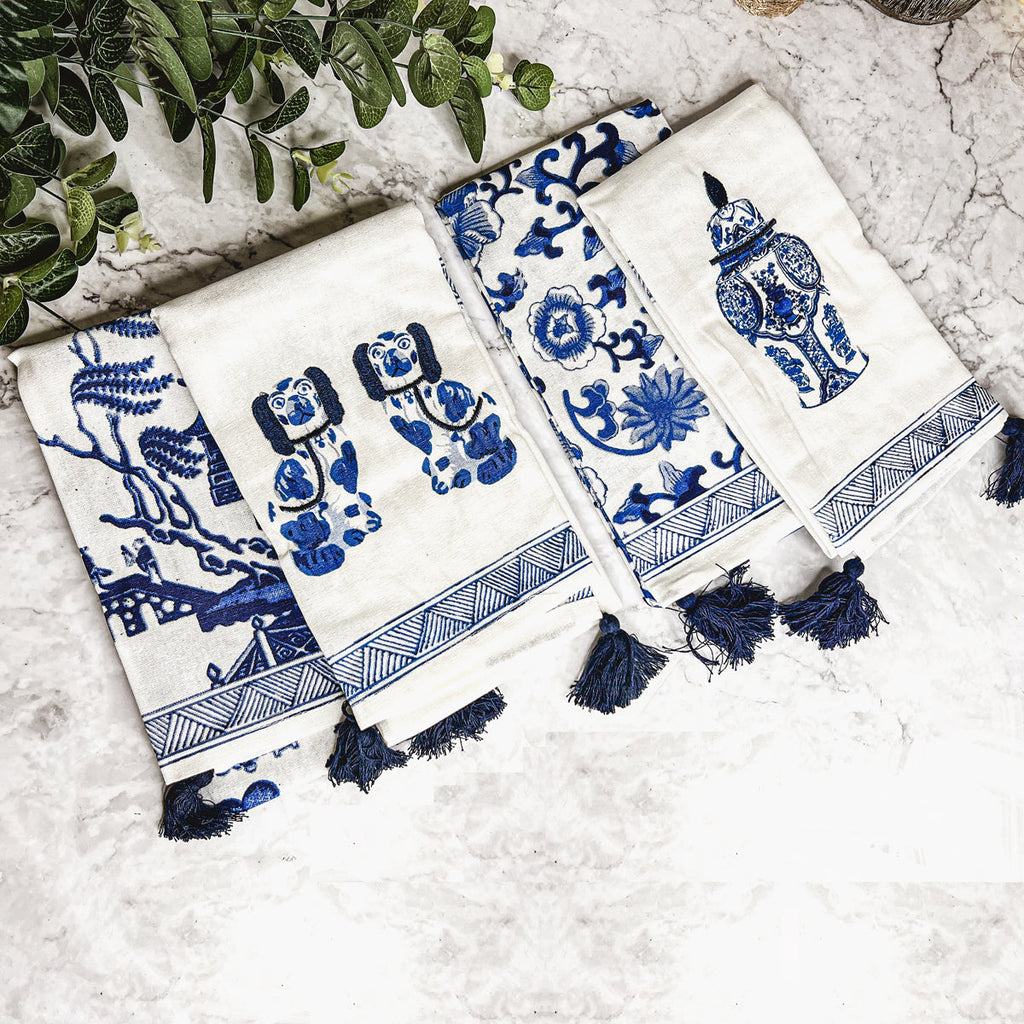 Chinoiserie Tea Towels 100% Cotton Oversized Embroidered Dish Towels Tassels