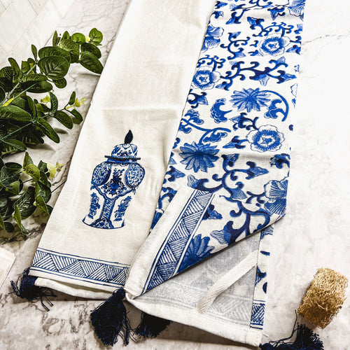 Chinoiserie Tea Towels 100% Cotton Oversized Embroidered Dish Towels Tassels